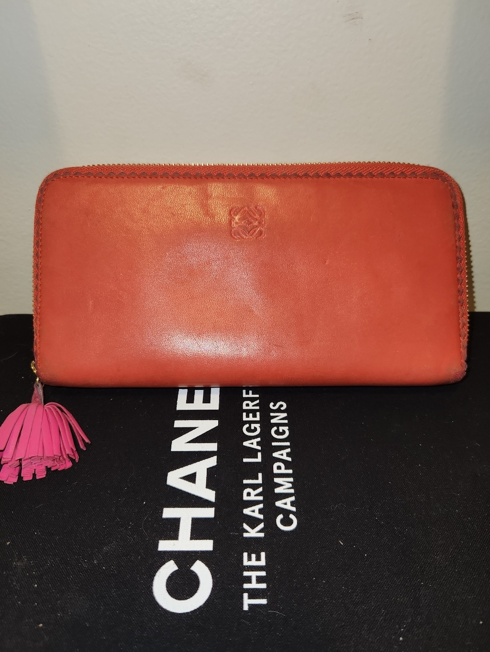 Loewe Orange/Red Leather Zip-Around Wallet with Pink Tassel
